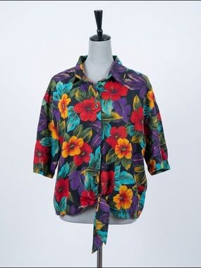 Wentworth‎ Gallery Floral Tie Front Blouse Women's Medium Tropical Button Up